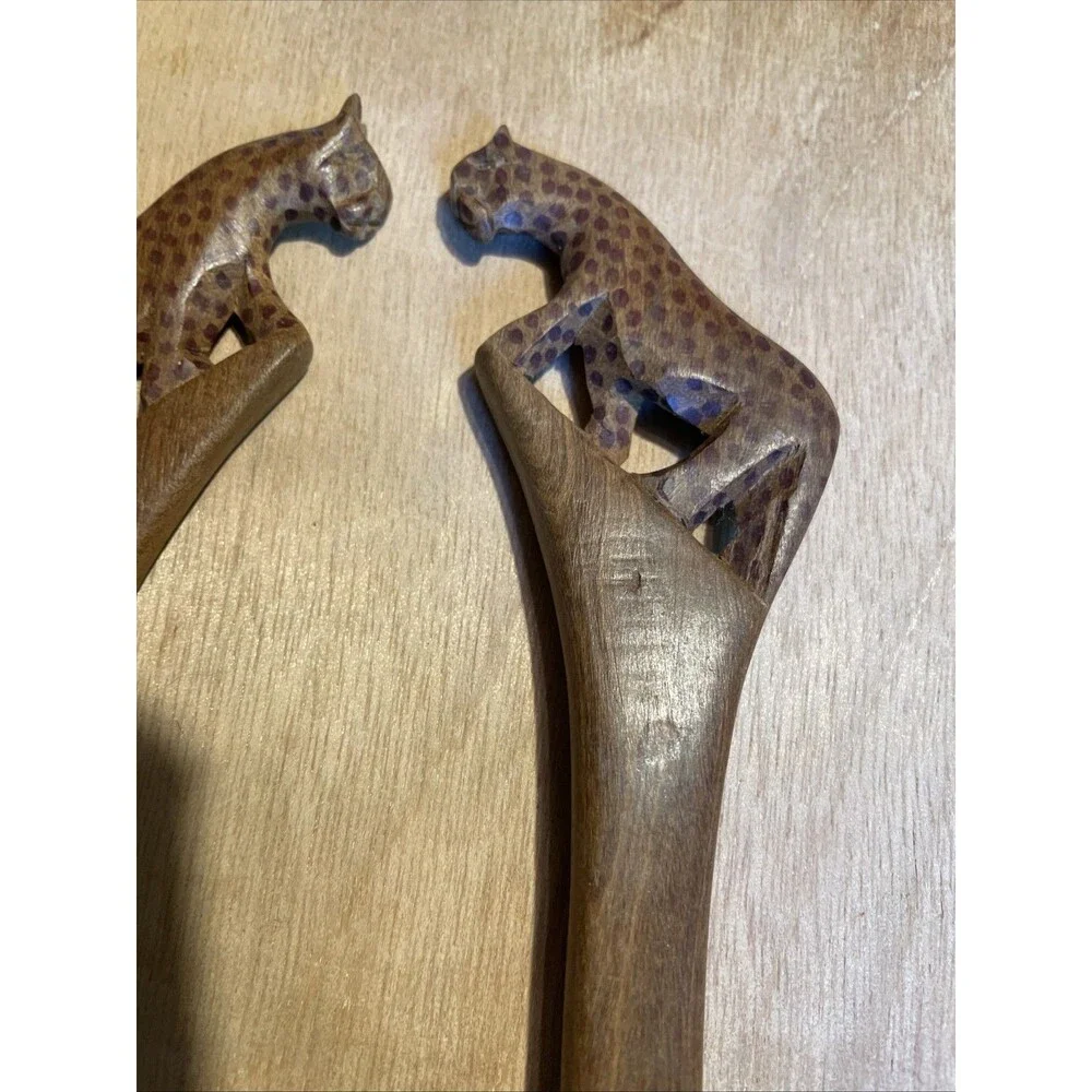 African Hand Carved Wood Spoon & Fork Salad Servers Vintage Estate Leopard Kenya